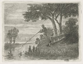 Fishing on the banks of a river, print maker: Hermanus Jan Hendrik van Rijkelijkhuysen, 1823 - 1883