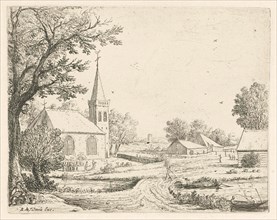 Gravediggers before a church, Jan van Goyen, Reinier & Josua Ottens, 1640 - 1679