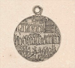 The back of a medal engraved with the burial of Jacob van Heemskerck, print maker: Dirck Strijcker,