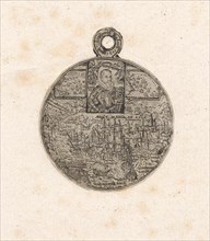 Print from the front of a medal engraved with the portrait and the death of Jacob van Heemskerck,