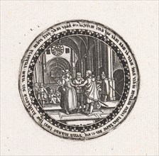 Print of a medallion with a depiction of a wedding ceremony in a church, Dirck Strijcker, 1607 -