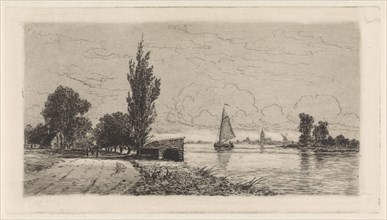 River landscape with sailing ship, Elias Stark, 1889