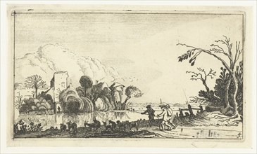 Shepherd with goats and sheep near a river, Esaias van de Velde, print maker: Anonymous, Claes
