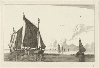 Three sailboats in calm water, print maker: Anonymous, Reinier Nooms, Chéreau possibly, 1700 - 1799
