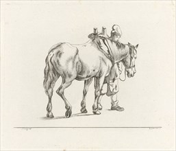 Man walking next to a horse, print maker: D. Merrem, Dirk Stoop, 1700 - 1800