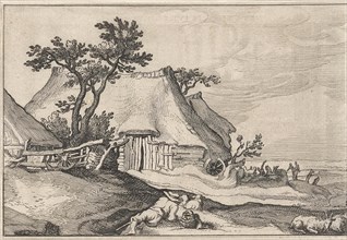 Farm and shepherd with sheep and goat, print maker: Claes Jansz. Visscher II, Abraham Bloemaert,