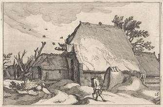 Farm and man with two buckets, Claes Jansz. Visscher II, Abraham Bloemaert, Boetius Adamsz.