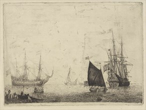 Seascape with two three-masters with lowered sails, print maker: Adam Silo, 1689 - 1760