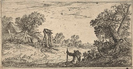 Landscape with farm and resting travelers, attributed to Jan van de Cappelle, 1640 - 1679