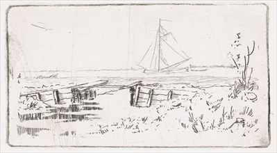 Sailing ship on a river, print maker: Elias Stark, 1859 - 1888
