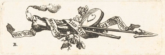Vignette featuring a burning torch, arrow, heart and ribbon with the inscription non erubecsendis
