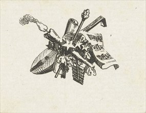 Vignette with cither, burning torch and music sheet. Willem Bilderdijk, 1766 - 1831