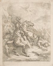 Henry II, Holy Roman Emperor on horseback in battle, print maker: Theodoor Schaepkens