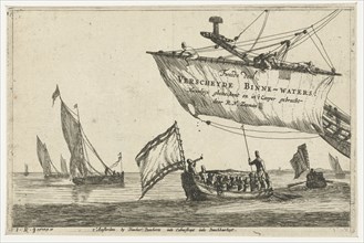Vessel and sailing ships on calm water, print maker: Reinier Nooms, Dancker Danckerts, 1654 - 1658
