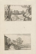 Three hikers on a wooden bridge and rowing boat before a stone bridge, Gillis Scheyndel I, Frederik