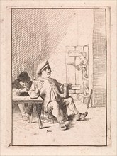 Seated farmer with jug and pipe, David Teniers II, print maker: Anonymous, Anonymous, 1626 - 1740
