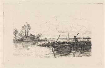 Landscape with a man in a rowboat, print maker: Elias Stark, 1859 - 1886