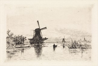 Landscape with two mills and a rowboat, Elias Stark, 1886, print maker: Elias Stark, 1886