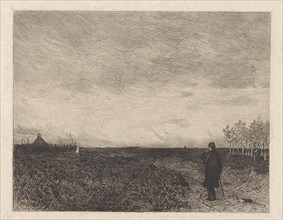 Flat landscape with a man with walking stick, Willem Steelink (II), 1866 - 1928