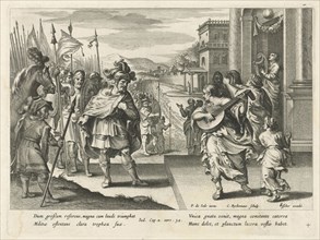 Jephthah is welcomed by his daughter, Nicolaes Ryckmans, Claes Jansz. Visscher (II), 1616 - 1643