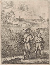 Fable of the lark and her boy, print maker: Dirk Stoop, John Ogilby, 1665