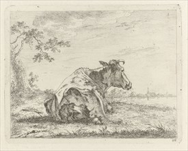 Lying cow on waterfront, Johannes Janson, 1761 - 1784