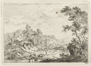 Landscape with shepherd and cattle by brook, Johannes Janson, 1761-1784