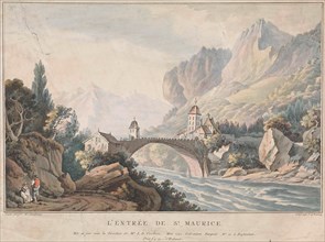 View of the bridge at Saint Maurice in Switzerland, Jan Gerard Waldorp, Louis Bernard Coclers, 1792