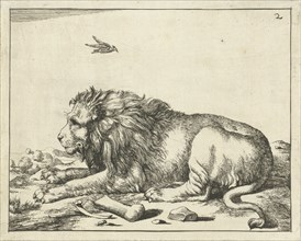 Lying lion above bird, Jan Collaert (II), Philips Galle, Cornelis Kiliaan, 1595 - 1599