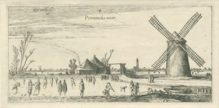 Skaters on the ice at a mill near Penningsveer, Esaias van de Velde, 1615 - 1616