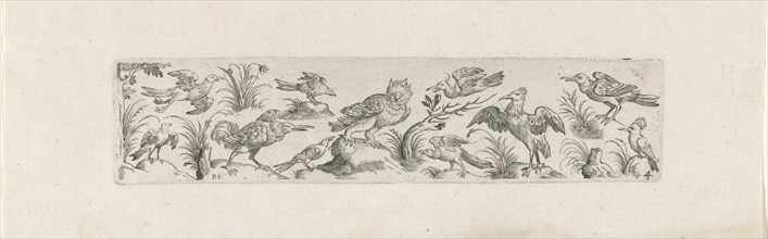 Frieze with eleven birds, at the left end of the frieze is a tree, print maker: Pieter Serwouters,