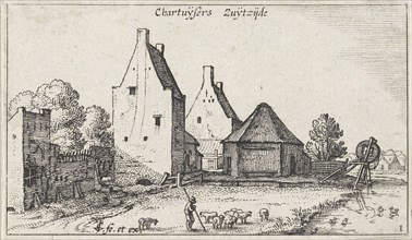 View of the south side of the Carthusian Monastery near Amsterdam, a shepherd with sheep, The