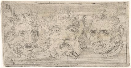 Three masks, two with horns, Pieter Feddes van Harlingen, 1611