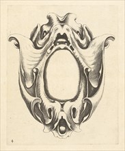 Cartouche with mask with gaping mouth, print maker: Jacob Lutma, Johannes Lutma I, Frederik de Wit,