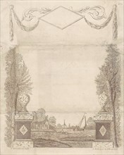 Wish Letter with decorative framework with a townscape, print maker: Leonardus Schweickhardt, Jan