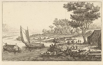 River Landscape with three boats, Jan van Almeloveen, 1662 - 1683