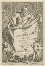The Death personified holding a cloth on which the series title in ten lines in Dutch, three putti,