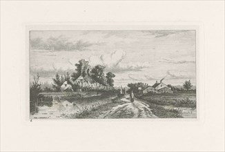 Landscape with locks, in the middle is a farmer on a country road, print maker: Jan van Lokhorst