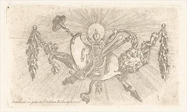 Vignette with winch, burning heart, shield, freedom hat and sun, Willem Bilderdijk, 1777