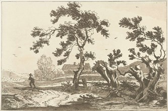 Landscape with trees along a road, on the way a traveler seen from the back, print maker: Hendrik