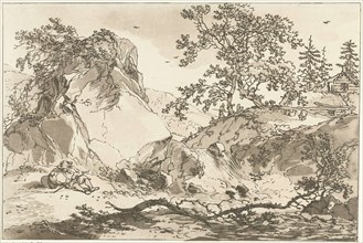 Hilly landscape with a man resting, Hendrik Meijer, Timothy Sheldrake, 1789 - 1793
