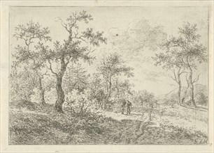 Wooded Landscape with a woman and a boy, print maker: Gerrit Jan MichaÃ«lis, 1785 - 1857