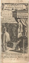 Dutch Virgin with lion on throne speaks to men from different countries, with title cartouche,