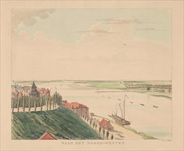 View of the Valkhof and Waal northwest of Nijmegen, The Netherlands, print maker: Derk Anthony van