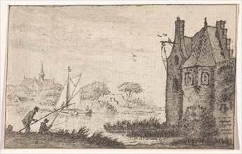 Anglers in a fortified house on a river, Hendrik Spilman, 1742 - 1784