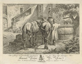 Drinking horses at a fountain, Johannes Mock, Maximiliaan Jacob de Man, 1825