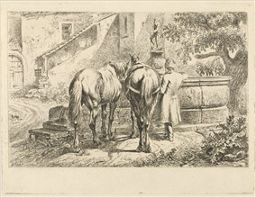 Drinking horses at a fountain, Johannes Mock, 1825