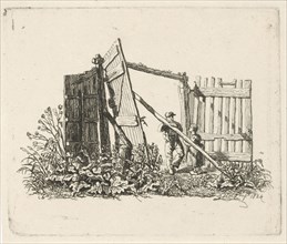 Two figures in a gate open, print maker: Johannes Mock, 1824