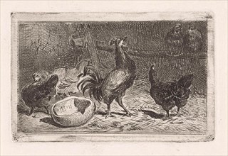 Crowing rooster with chickens in a coop, print maker: Jan Gerard Smits, 1872
