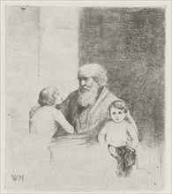 Old man with two kids and a dog, Christiaan Wilhelmus Moorrees, 1811 - 1867